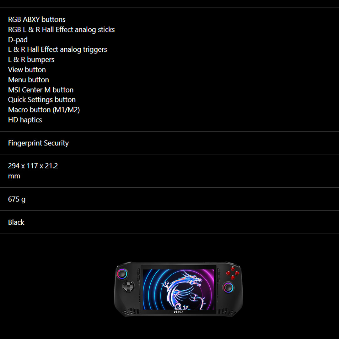 MSI 7" Claw A1M Handheld Portable Gaming | Windows 11 Home | 65W PD Adapter | Wi-Fi 7 + Bluetooth 5.4 | Up to Intel Core Ultra 7 Processor with Intel AI Boost (NPU) | Portable Gaming with 1 Year Warranty