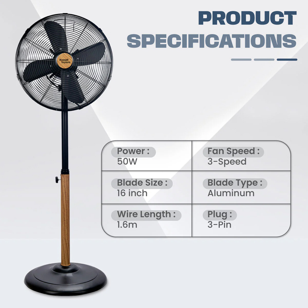 Russell Taylors 16" 4-Blade Stand Fan/Table Fan with Metal Blade SF3 TF3 | 3-Speed Selection | Wide-Angle Breeze Tilt & Oscillation