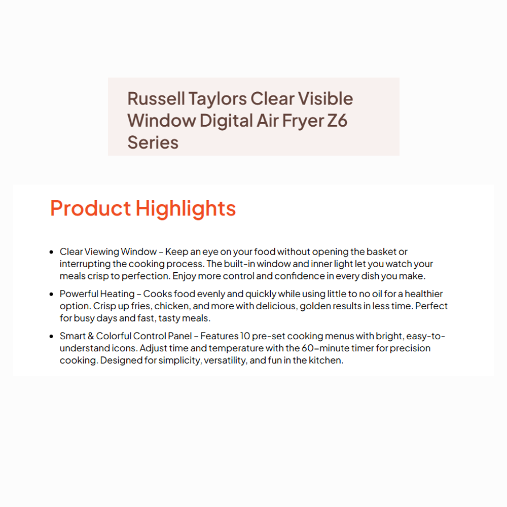 Russell Taylors 6.5L Clear Visible Window Digital Air Fryer Z6L | Smart Control Panel | Non-Stick Pan & Removable Tray