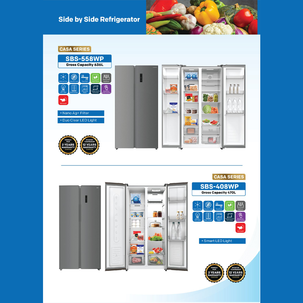 SKYWORTH 556L Side by Side ProSilent Inverter Refrigerator SBS-501WP / SBS-501WPGE | Multi Flow | Nano Ag+ Filter