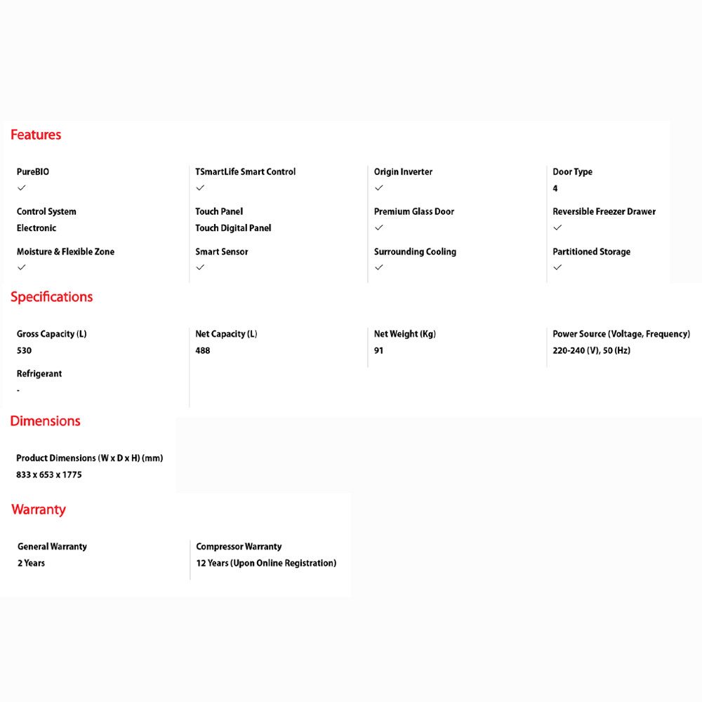 TOSHIBA 530L Multi Doors Origin Inverter IoT Refrigerator Black Glass GR-RF611WI-PGY(22) | PureBIO | TSmartLife Smart Control | Origin Inverter
