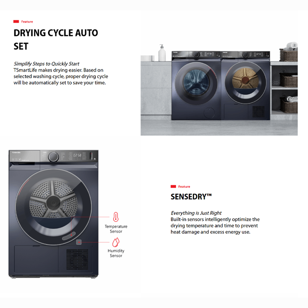 TOSHIBA 8KG/10KG Heat Pump Origin Inverter Tumble Dryer TD-E80BT21HWM(WW)/TD-BP110GHM(MG) | SENSE DRY™ | Anti-crease | TSmartLife Smart Control
