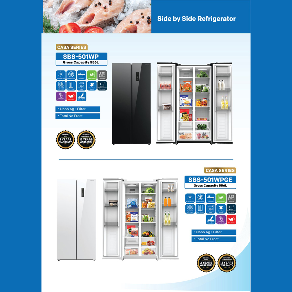 SKYWORTH 556L Side by Side ProSilent Inverter Refrigerator SBS-501WP / SBS-501WPGE | Multi Flow | Nano Ag+ Filter