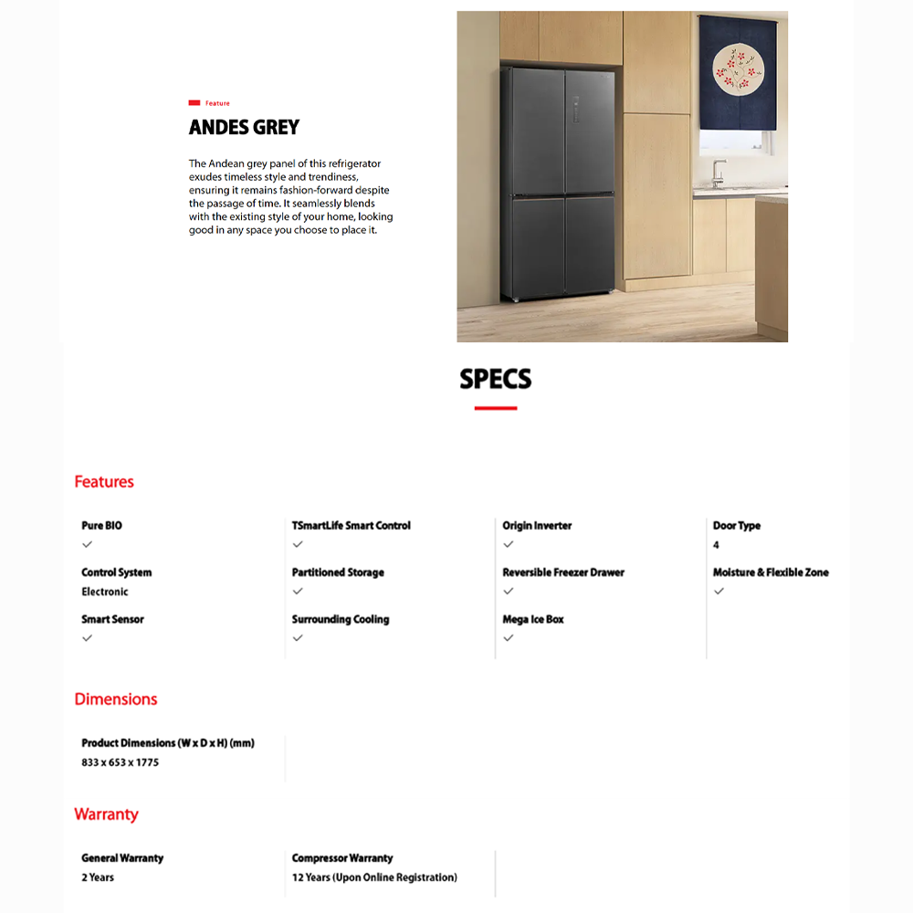 TOSHIBA 530L Multi Doors Origin Inverter IoT Refrigerator GR-RF531WI-PMY(60E) | Smart Control | PUREBIO- Ag+ ion | Smart Sensor