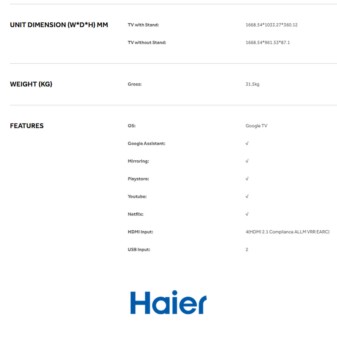 HAIER 50"/75" 4K UHD Google HQLED TV H50P750UX/H75P750UX | Google Tv |  Dolby Vison & Dolby Atmos |  HQLED |  Smart TV with 2 Year Warranty