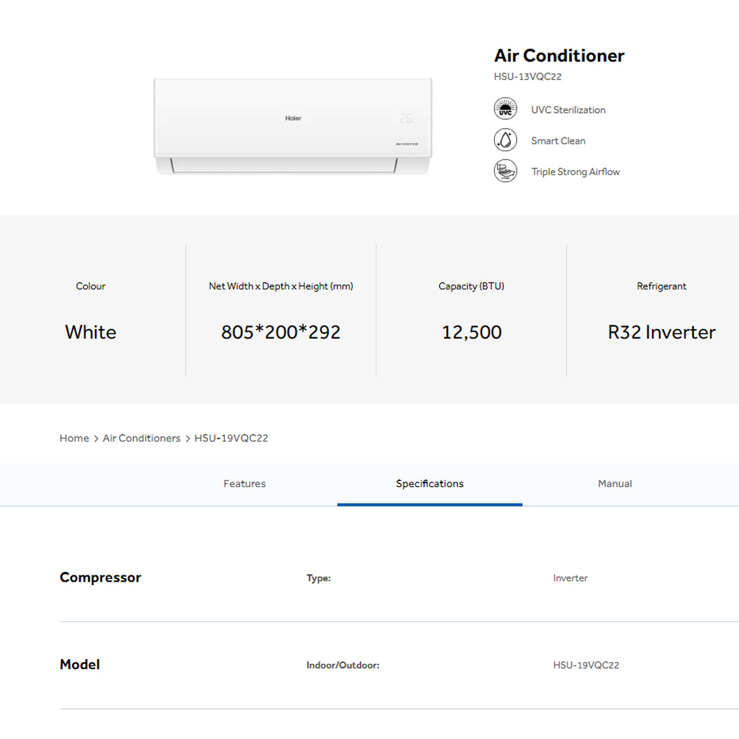 HAIER 1HP/1.5HP/2HP/2.5HP R32 UV Ray Inverter Wall Mount Air Conditioner HSU-10VQC22 |  UVC Sterilization | Triple Strong Airflow | Smart Clean | Energy Saving | I Feel | Air Conditioner with 3  Year Warranty