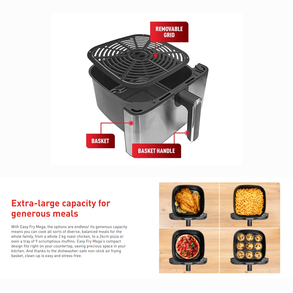 Tefal 7.5L Easy Fry Mega Air Fryer EY855D | 8 preset programs | Up to 65% less energy | Extra-large capacity | PTFE removable pan
