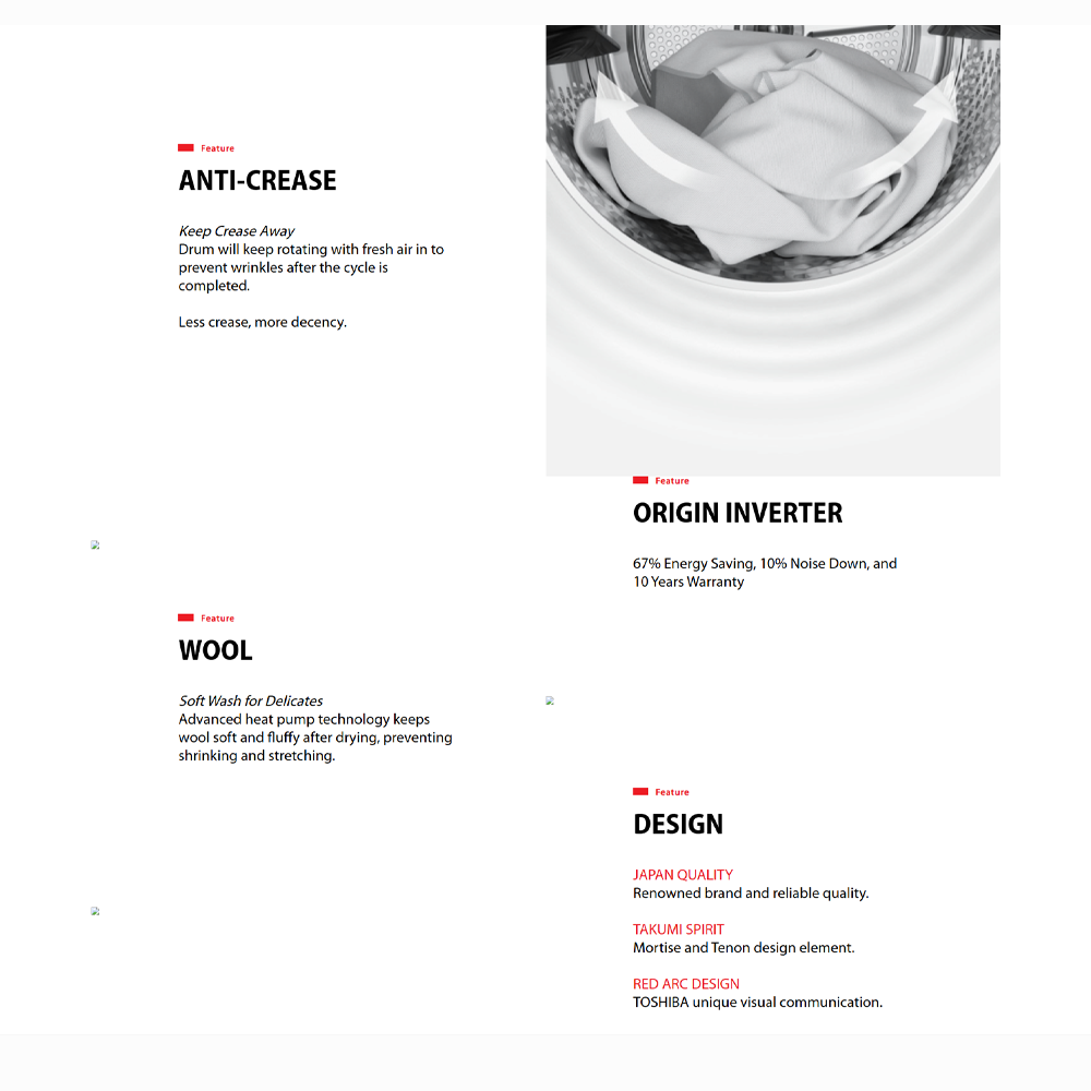 TOSHIBA 8KG/10KG Heat Pump Origin Inverter Tumble Dryer TD-E80BT21HWM(WW)/TD-BP110GHM(MG) | SENSE DRY™ | Anti-crease | TSmartLife Smart Control