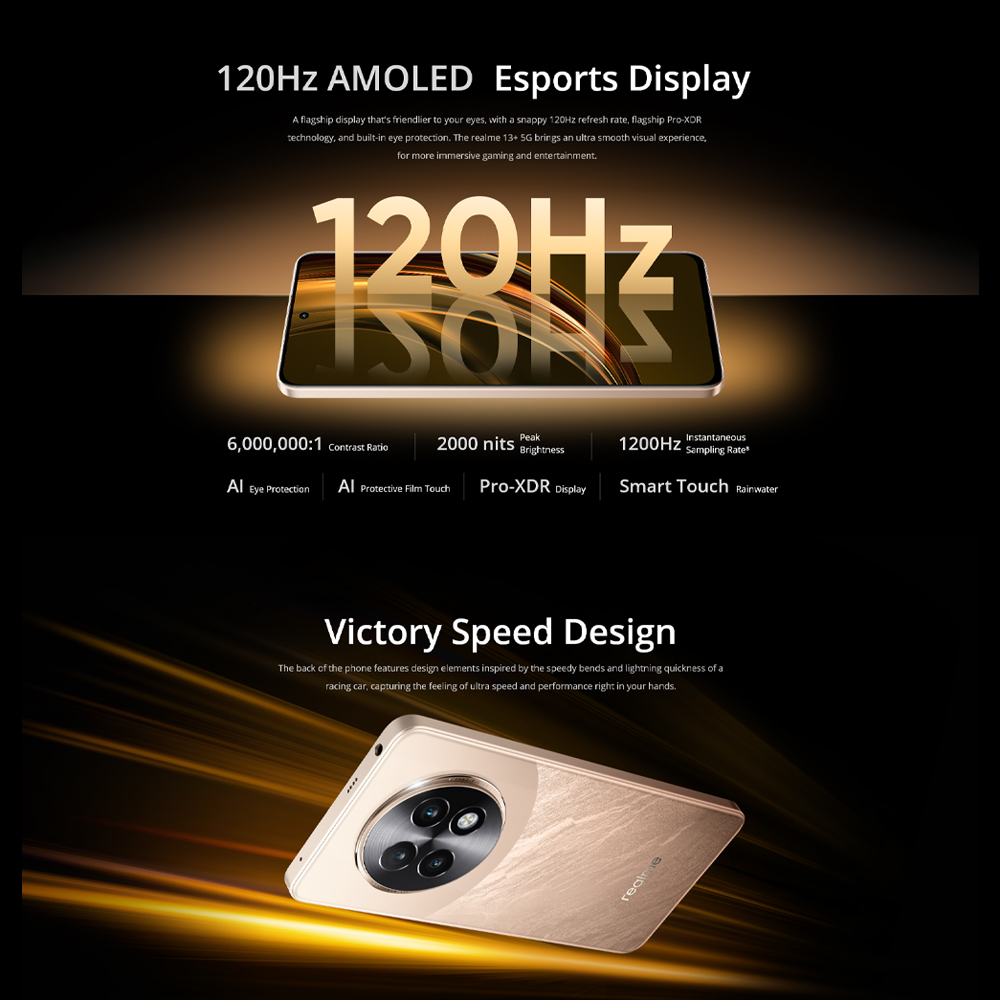 realme 13+ 5G 12GB+256GB/ 12GB+512GB | Android 14, Realme UI 5.0 | MediaTek Dimensity 6300 5G | 5000mAh, 80W Ultra Charge