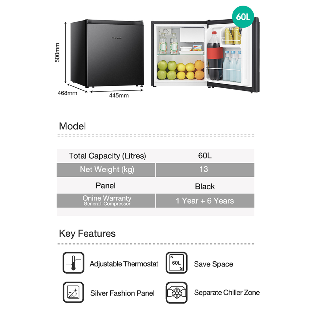 HISENSE 60L Minibar RR60D4ABN Single Door Fridge Mini Bar Refrigerator | Reversible Door | Separate Chiller Zone | Adjustable Thermostat