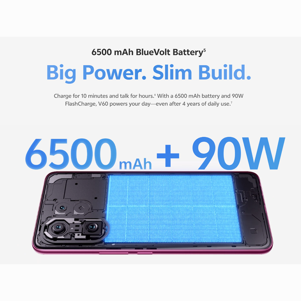vivo V60 5G | Rear Camera 50MP | Qualcomm SM7750-AB Snapdragon 7 Gen 4 (4 nm) | 6.77 inches, AMOLED | Li-Po 6500 mAh,