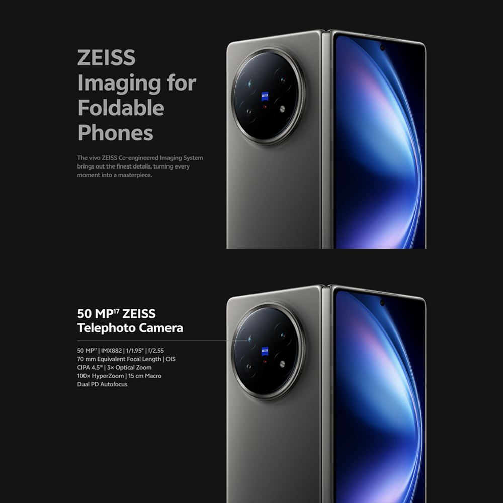 vivo X Fold5 5G | 6000mAh BlueVolt Battery | 80W Dual-Cell FlashCharge | 8.03" 2k ZEISS Master Colour Display | AI Multitasking | 50MP ZEISS Telephoto Camera