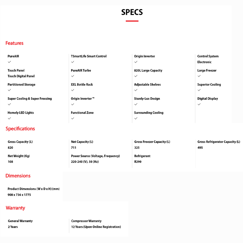 TOSHIBA 820L NaturePURE Multi Doors Origin Inverter Refrigerator GR-RF900WI-PMY(06) | NaturePURE | Roomy Storage | Extra Fresh