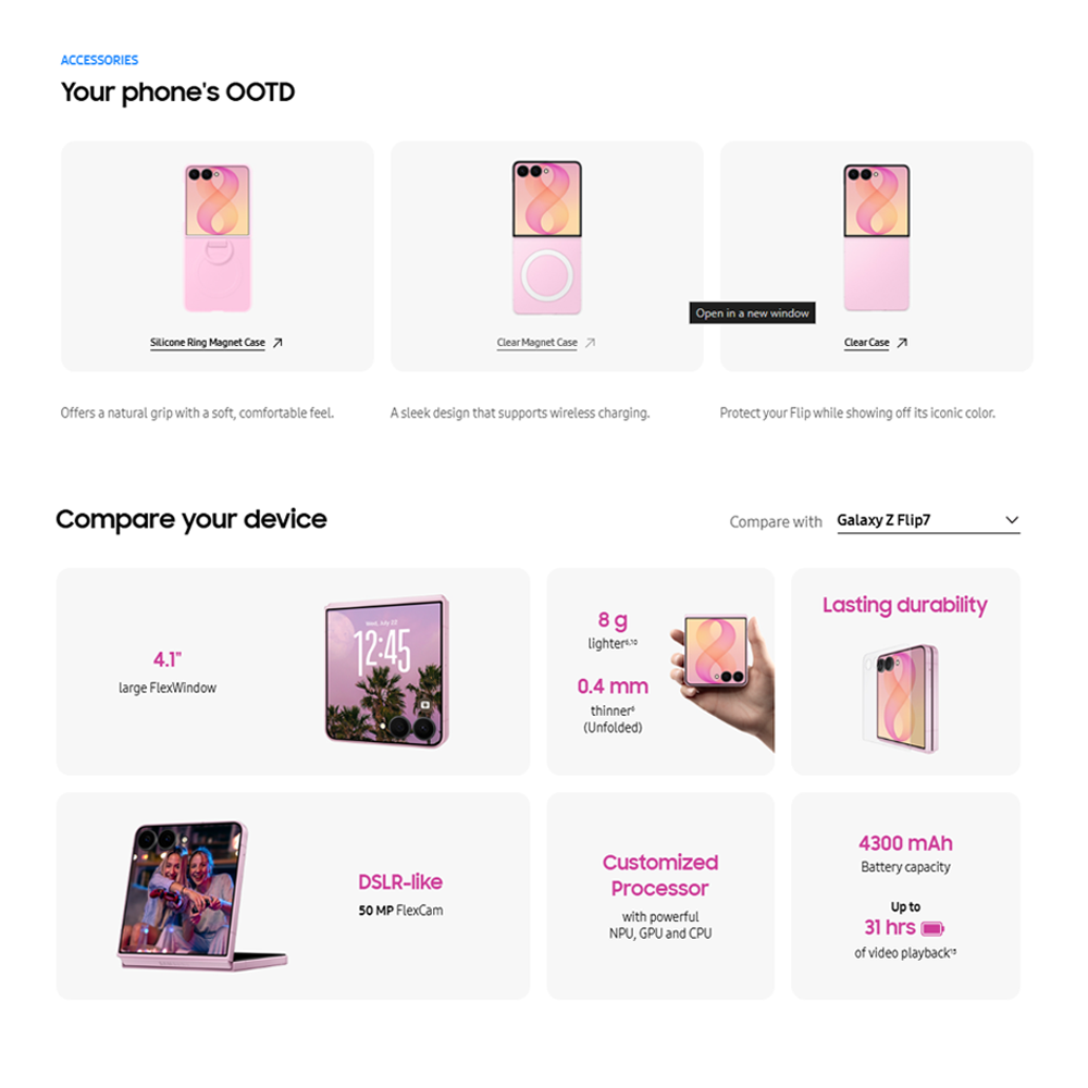 SAMSUNG Galaxy Z Flip8 12GB+256GB / 12GB+512GB | 6.9 inch, Foldable Dynamic | 50MP Rear Camera | Exynos 2600 (2 nm) | Android 17, One UI 9 | Li-Po 4300mAh, 25W Fast Charge