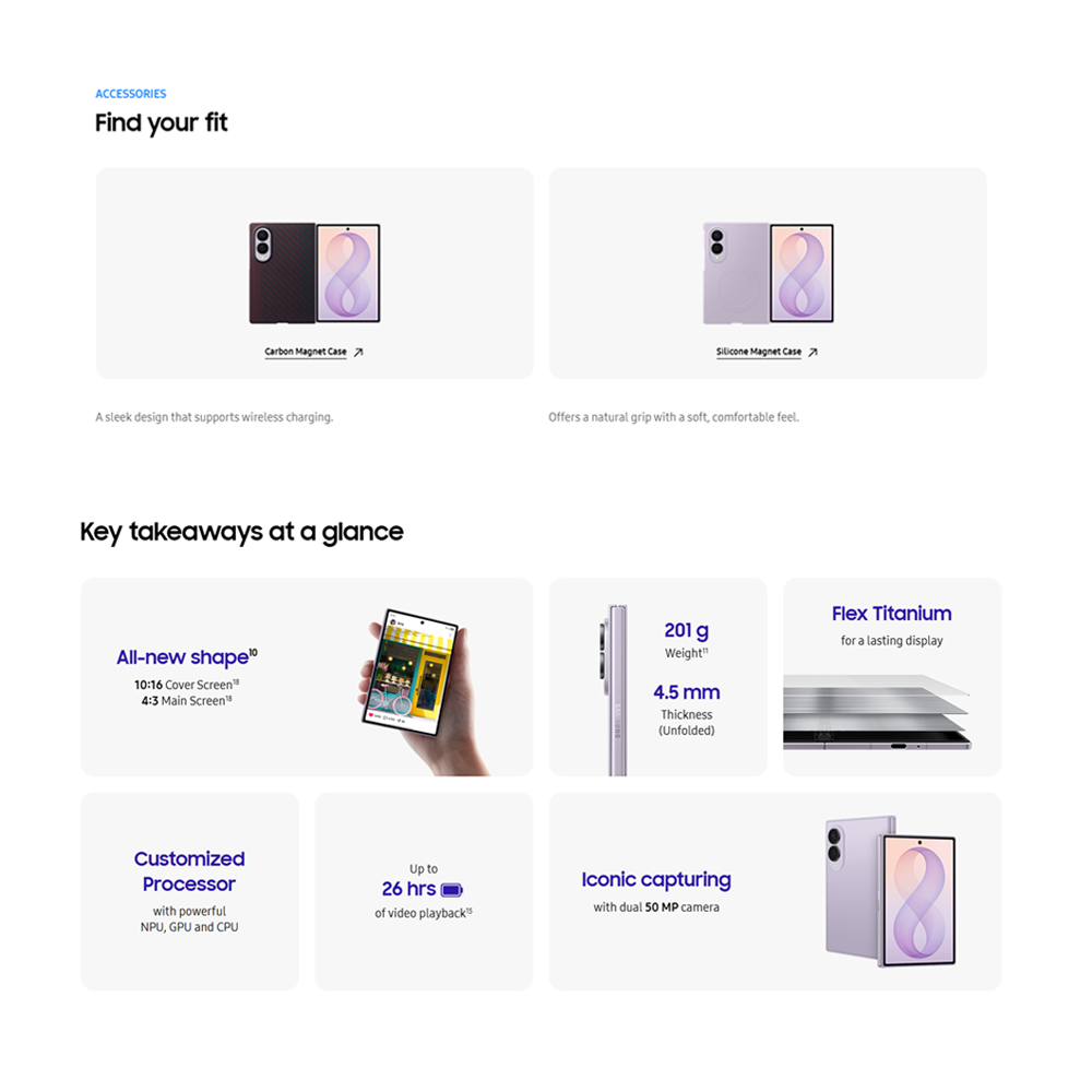 SAMSUNG Galaxy Z Fold8 12GB+256GB/ 12GB+512GB/ 16GB+1TB | 7.6inch, Foldable Dynamic | Rear Camera 50MP | Qualcomm SM8850-1-AD Snapdragon 8 Elite Gen 5 (3 nm) | Li-Po 4800mAh, 45W Fast Charge
