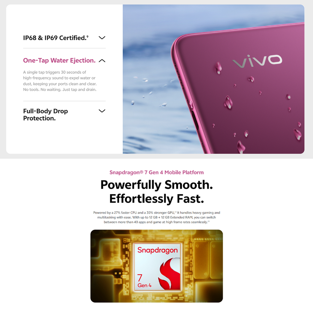 vivo V60 5G | Rear Camera 50MP | Qualcomm SM7750-AB Snapdragon 7 Gen 4 (4 nm) | 6.77 inches, AMOLED | Li-Po 6500 mAh,