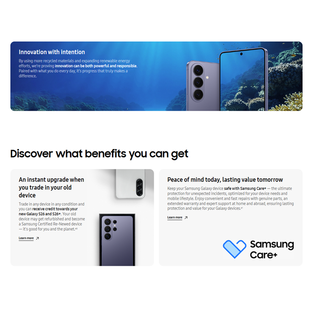 SAMSUNG Galaxy S26+ 12GB+256GB/12GB+512GB | 6.7 inches, Dynamic LTPO AMOLED 2X | 50MP Rear Camera | Exynos 2600 (2 nm) | Dual SIM | Li-Ion 4900 mAh, 45W wired