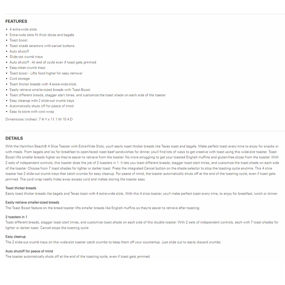 HAMILTON BEACH 4 Slices Toaster 24217G | 4 extra-wide slots | Auto shutoff | Easy-clean crumb trays | 2  Year General Warranty