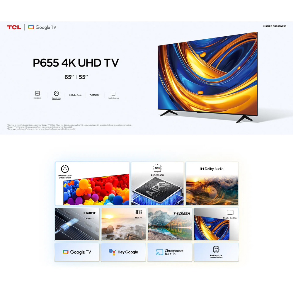TCL 55" P655 4K UHD Google TV 55P655 | AiPQ Processor | Dynamic Color Enhancement | Dolby Audio | T-SCREEN | Bezel-less