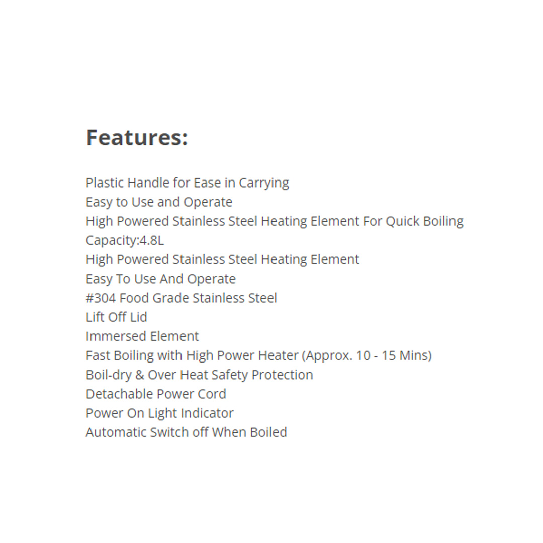 ISONIC 4.8L Stainless Steel Kettle IJK-4800 | Detachable Power Cord | Power On Light Indicator | Lift Off Lid | Kettle with 1 Year Warranty