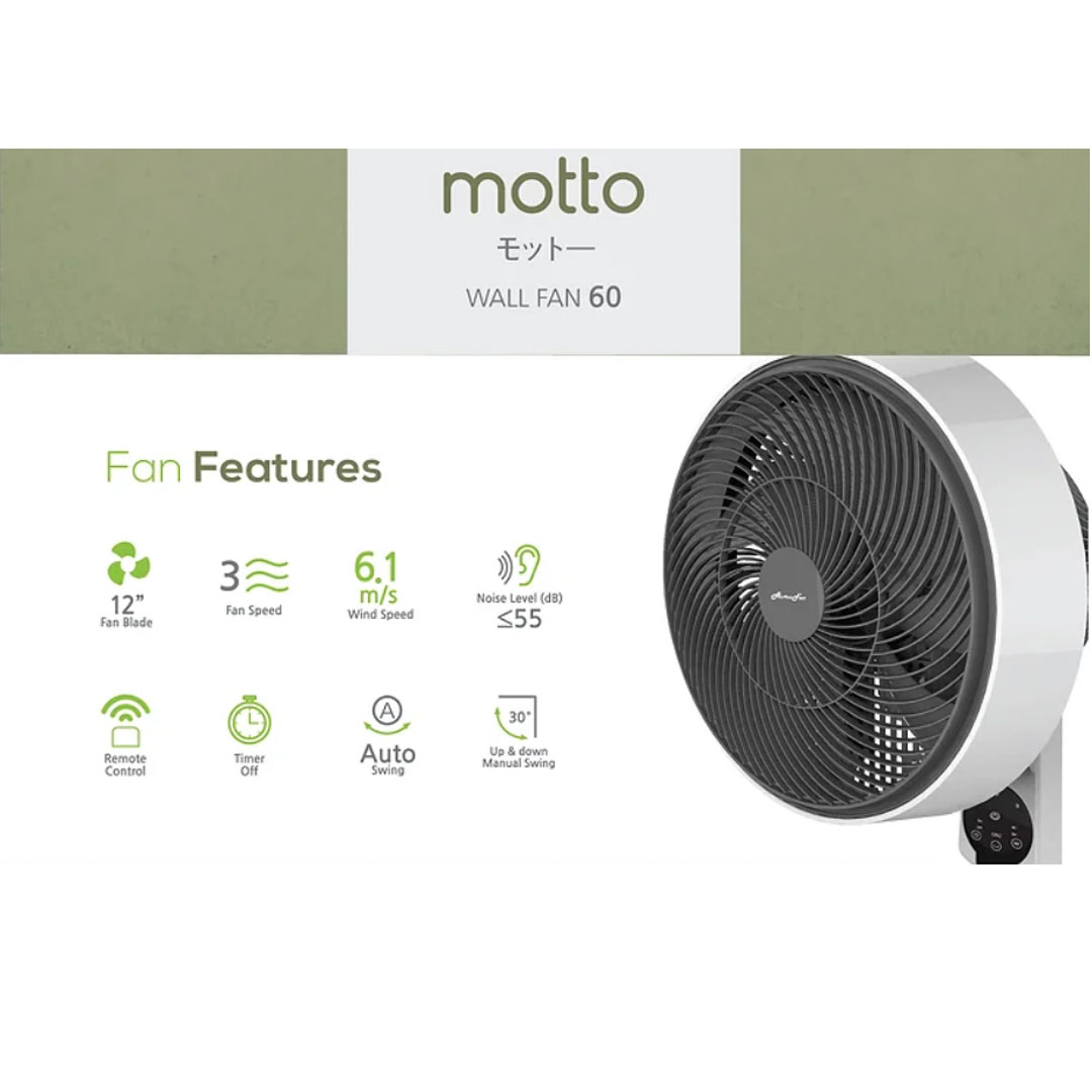 ALPHA 12" Wall Fan MOTTO WALL FAN 60 | 3 Fan Speed | 7 Blades | Auto Swing | Timer Off | Touch Panel | Remote Control | Wall Fan with 1 Year Warranty