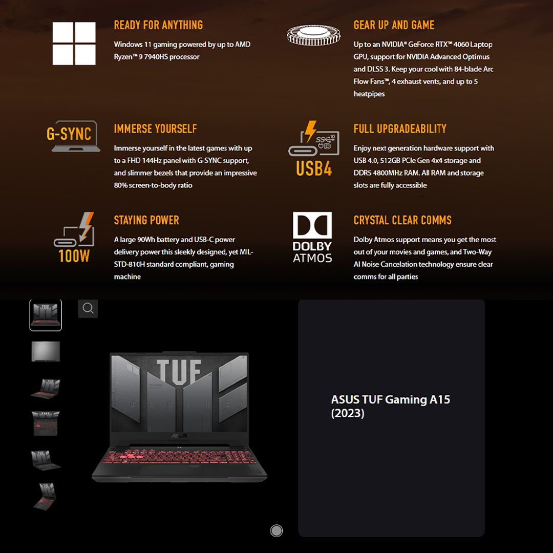 ASUS TUF Gaming A15  Laptop FA507N-ULP120W/ FA507N-ULP138W | AMD Ryzen 7 7735HS | 8GB+512GB SSD | 15.6-inch FHD | Windows 11 | Laptop with 2 Years Warranty