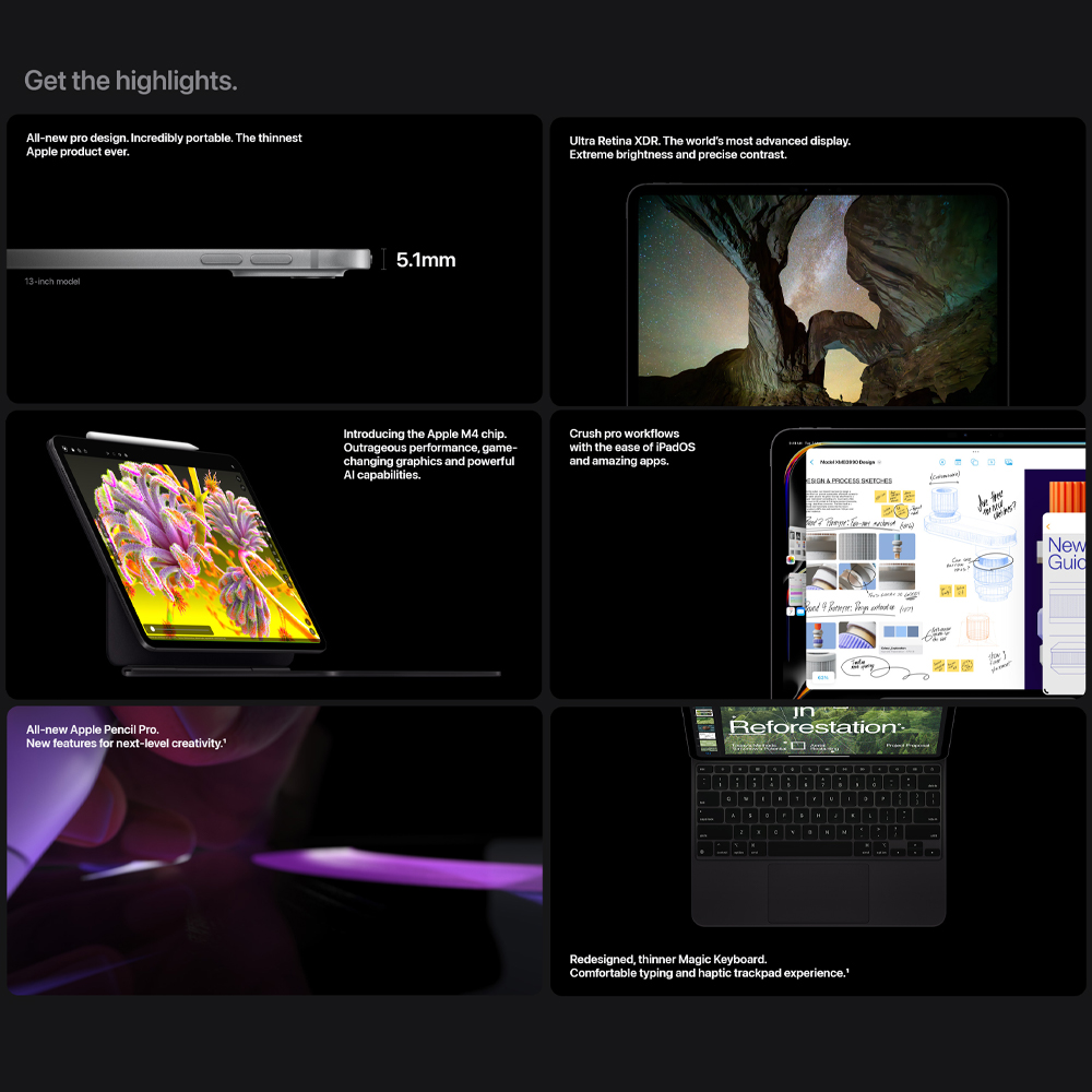 Apple iPad Pro 13-inch (4th generation) Wi-Fi + Cellular 2024 16GB+2TB / 16GB+1TB / 8GB+512GB / 8GB+256GB | All-new pro design | Ultra Retina XDR | All-new Apple Pencil Pro |  1  Year General Warranty