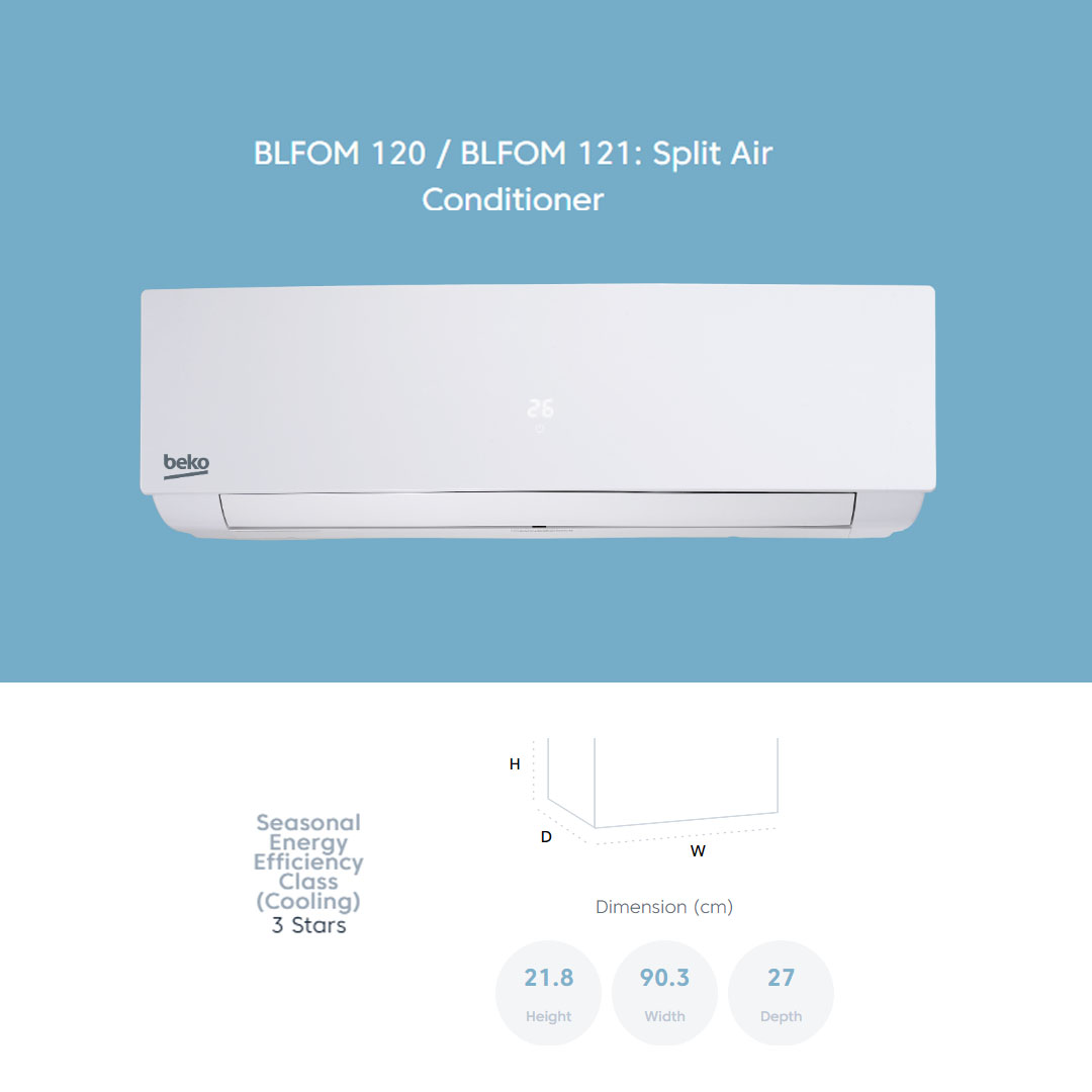 Beko R32 Split Air Conditioner BLFOM 090 / BLFOM 120 / BLFOM 180 | Dehumidifying | Auto Temperature Control | Sleep Mode | Timer | Automatic Air Direction | Air Conditioner with 2 Year General & 12 Year Motor Warranty