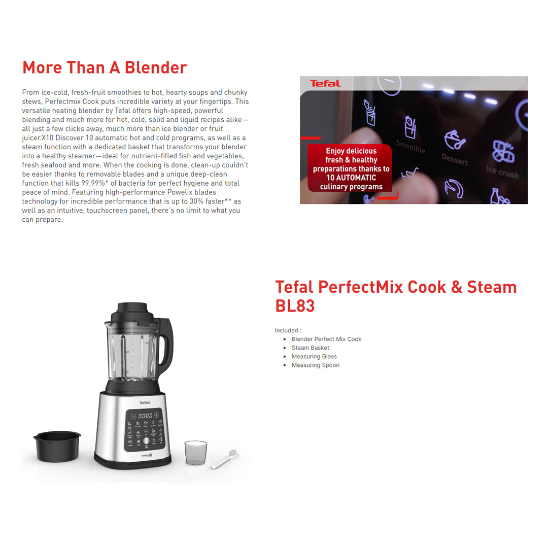 Tefal 2L PerfectMix Cook & Steam Blender BL83SD | 10 Automatic Programs | Removable Blades | High-Speed Blending | Blender with 2 Year Warranty