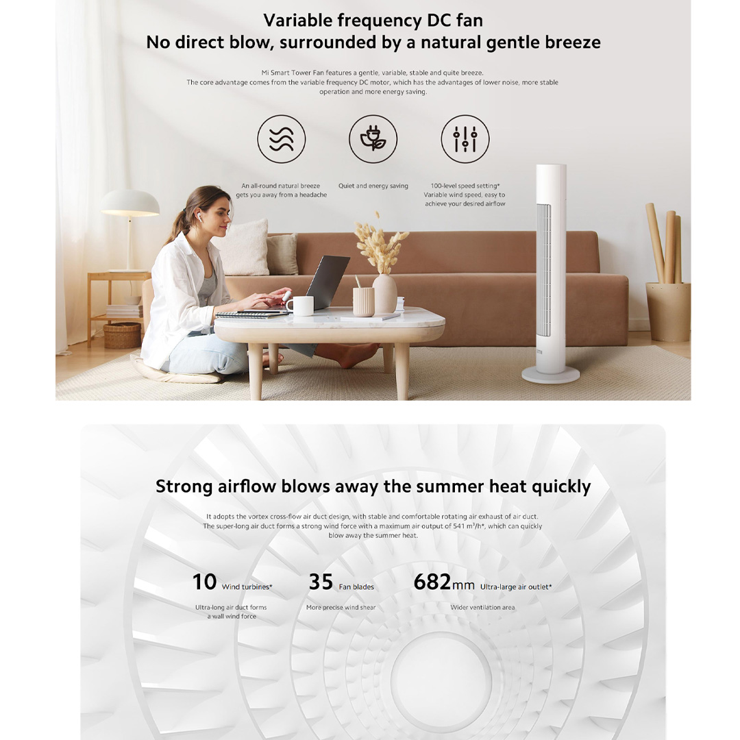 Xiaomi 22W Smart Tower Fan BPTS01DM | Variable Frequency DC Fan | Adjustable Ultra-Wide Angle |  Smart Voice Control | Tower Fan with 1 Year Warranty