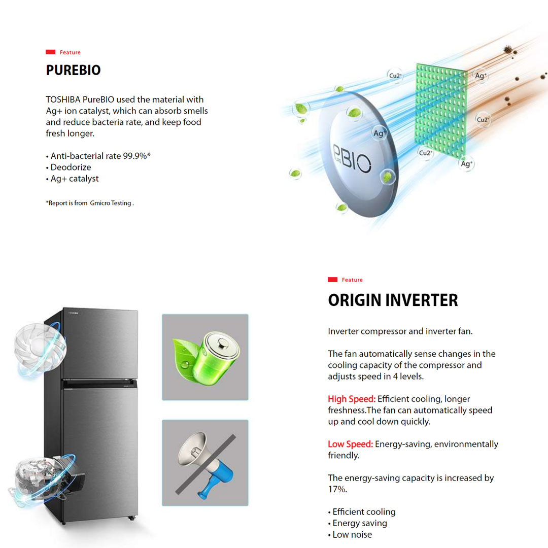 TOSHIBA 410L 2 Doors Inverter Pure BIO Refrigerator GR-RT466WE-PMY(58) | Electronic Control | Multi- Air Flow | Origin Inverter | Refrigerator with 1 Year Warranty