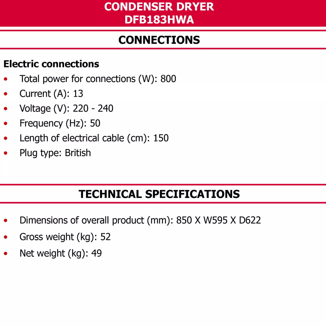 Brandt 8KG Front Load Heat Pump Condenser Dryer DFB183HWA | Anti-crease Function | 17 Drying Programs |  LCD display | Dryer with 1 Year Warranty