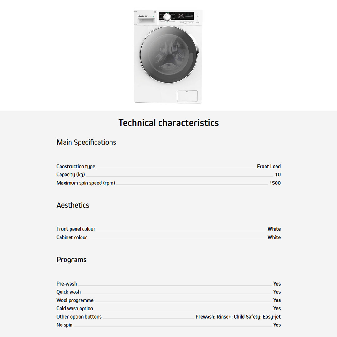 Brandt 10KG/12KG Front Load Inverter Washing Machine WFB104QWA/WFB126QWA | 14 Multi Programs | Anti Detergent Leak | Child Lock | Washing Machine with 1 Year Warranty