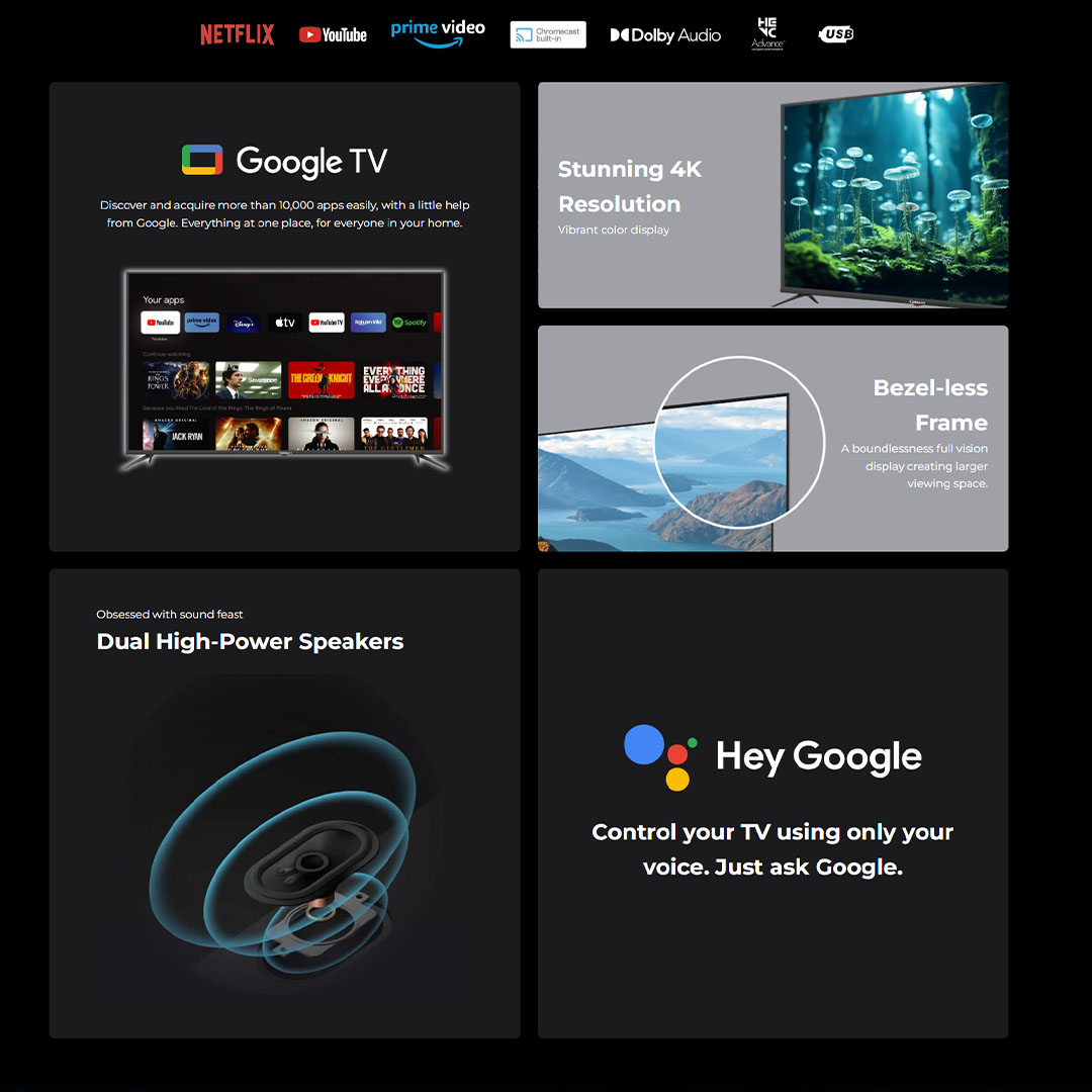 Caixun 50"/55:/65" 4K LED Google TV (ProViXio) C50V1UG/C55V1UG/C65V1UG | Dual High-Power Speakers | Stunning 4K Resolution | Bezel-less Frame | Smart TV with 3 Year Warranty