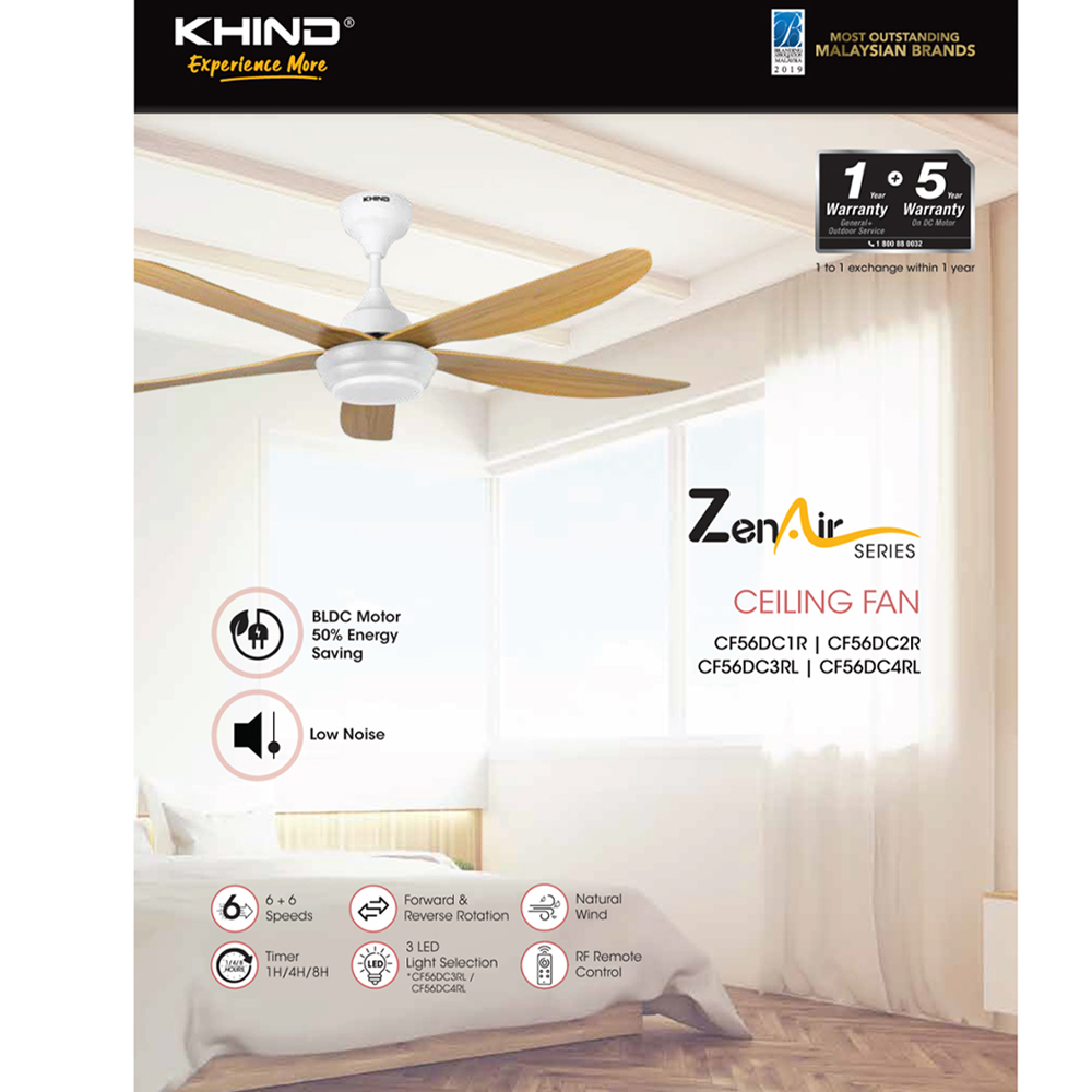 Khind 56" ZenAir Ceiling Fan CF56DC1R  / CF56DC3RL | Low Noise | 6+6 Speeds | Natural Wind | 1  Year General Warranty   5 Year Motor Warranty