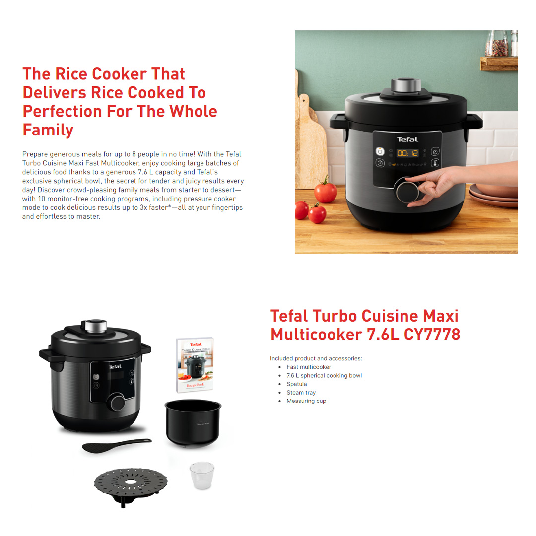 Tefal 7.6L Turbo Cuisine Maxi Multicooker (Pressure Cooker) CY7778 | 10 Automatic Programs | Serves up to 8 People | Non-stick Coating | Cooker with 2 Year Warranty