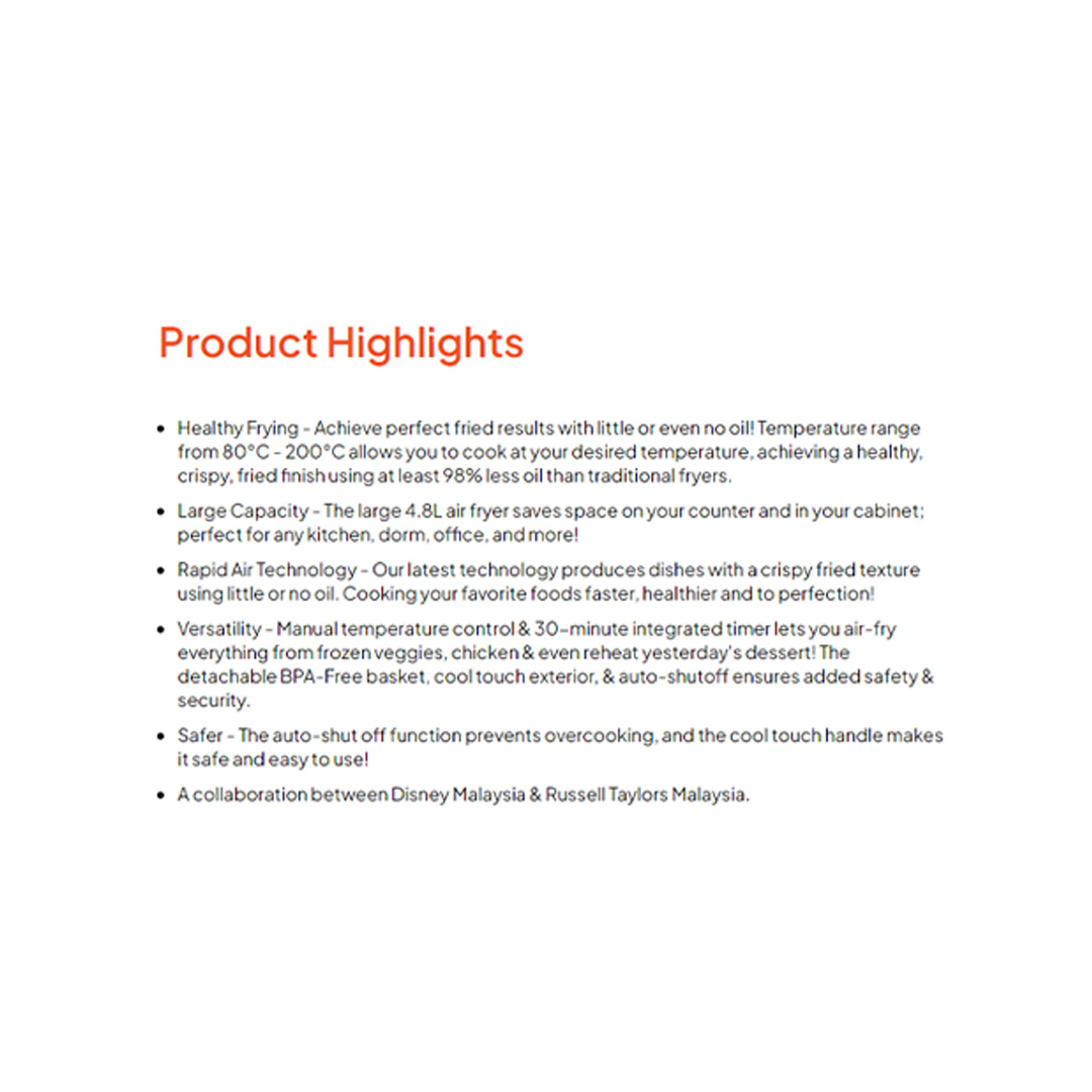 Russell Taylors 4.8L Disney Mickey And Friends Air Fryer D1 | 1500W Power |  Rapid Air Technology | Auto-Shut Off | Air Fryer with 2 Year Warranty