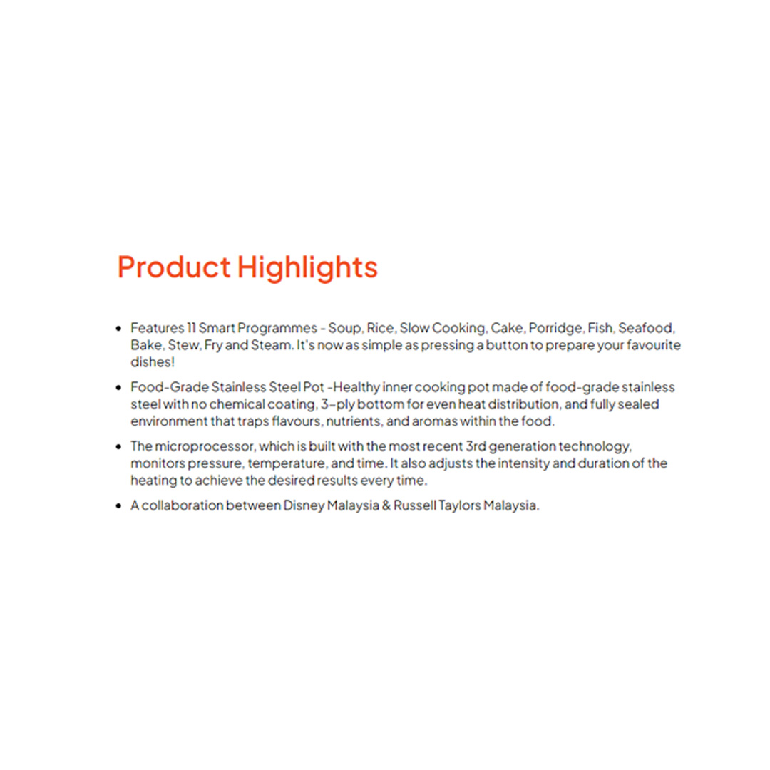 Russell Taylors 6L Disney Mickey And Friends Pressure Cooker D2 | 24 Hour Delay Time | Keep Warm Function | 10 Preset Programs | LED Display | Cooker with 2 Year Warranty