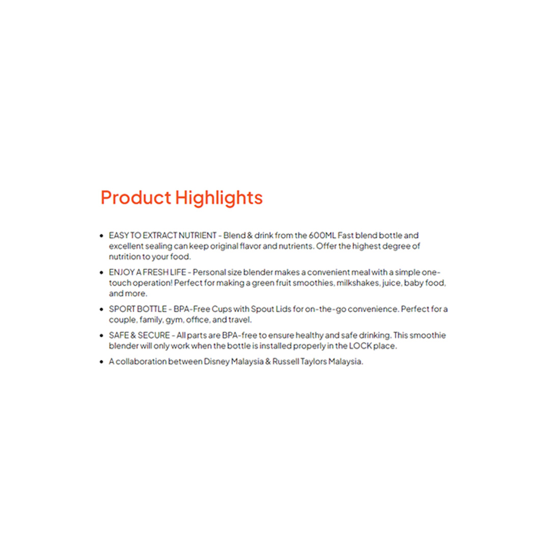 Russell Taylors 0.6L Disney Mickey And Friends Compact Personal Blender D4 | 600W Power | 4 Powerful Stainless Steel Blade | Nutrient Extraction | Blender with 2 Year Warranty