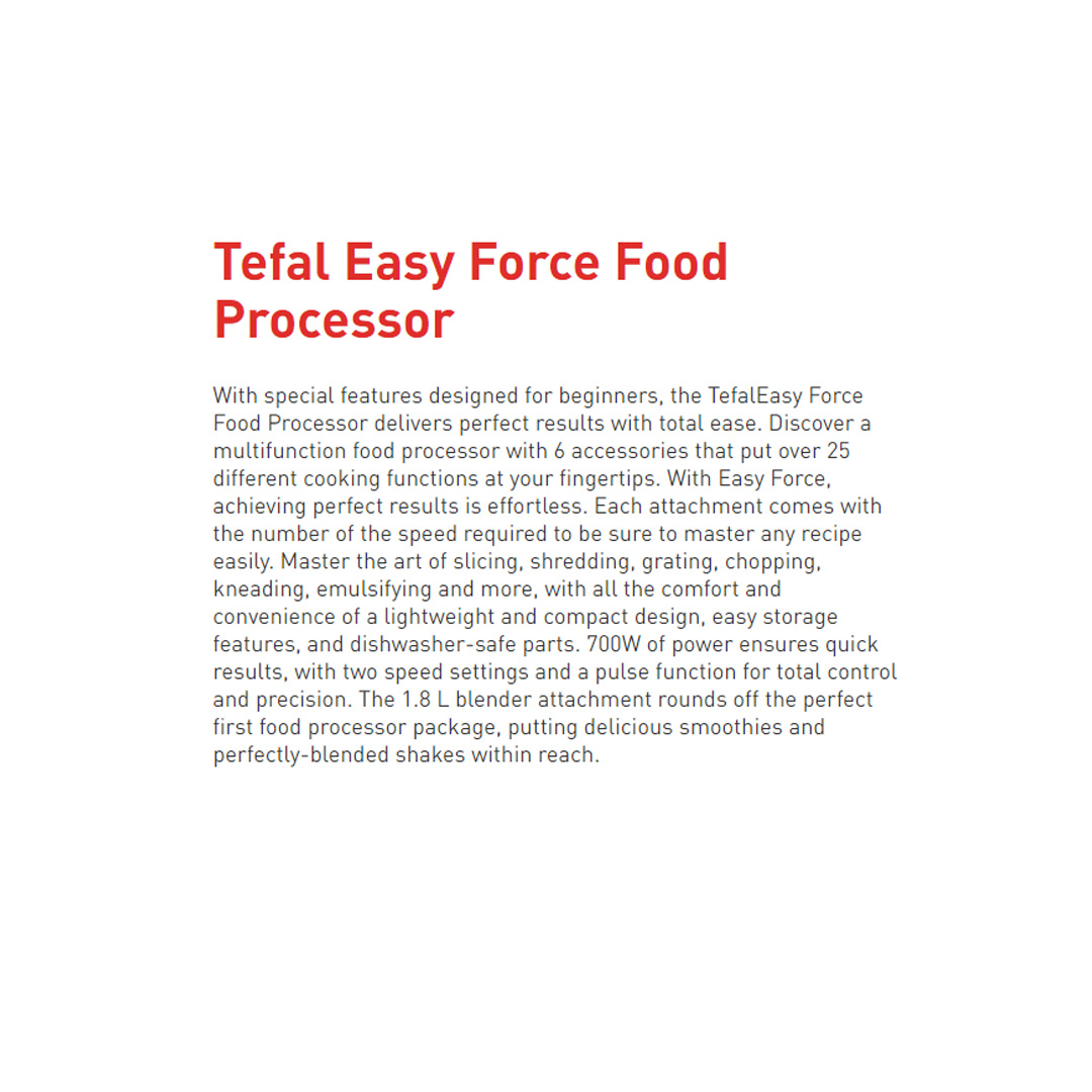 Tefal 2.4L Masterchef Easyforce Food Processor DO2461 | Two Speeds and Pulse Setting | Easy Storage | Easy Cleaning | Food Processor with 2 Year Warranty