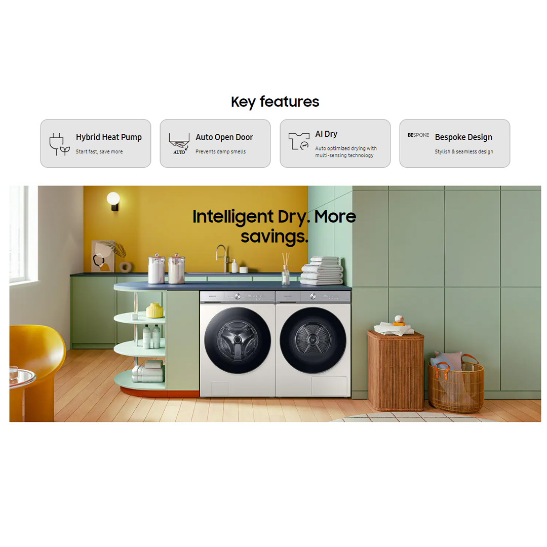 SAMSUNG 17KG Bespoke AI Laundry Hybrid Heat Pump Dryer DV17B9750CV/FQ | AI Control | Hybrid Heat Pump | Large Capacity | 3 Layered Filter System | Dryer with 2 Years Warranty