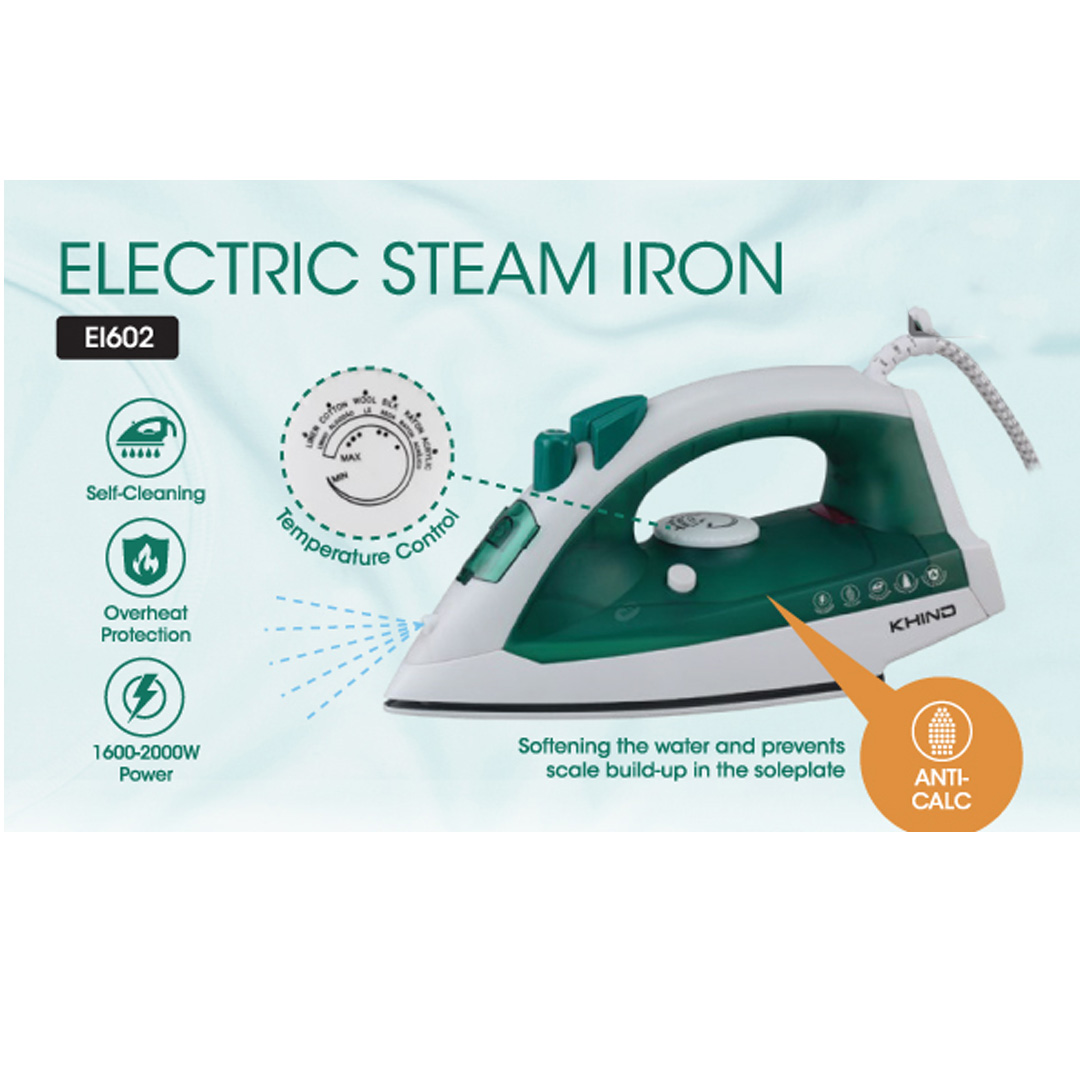 KHIND 2000W Steam Iron EI602 | Self-Cleaning | Overheat Protection | Temperature Control | Ceramic Soleplate | Anti-Calc | Steam Iron with 1 Year Warranty