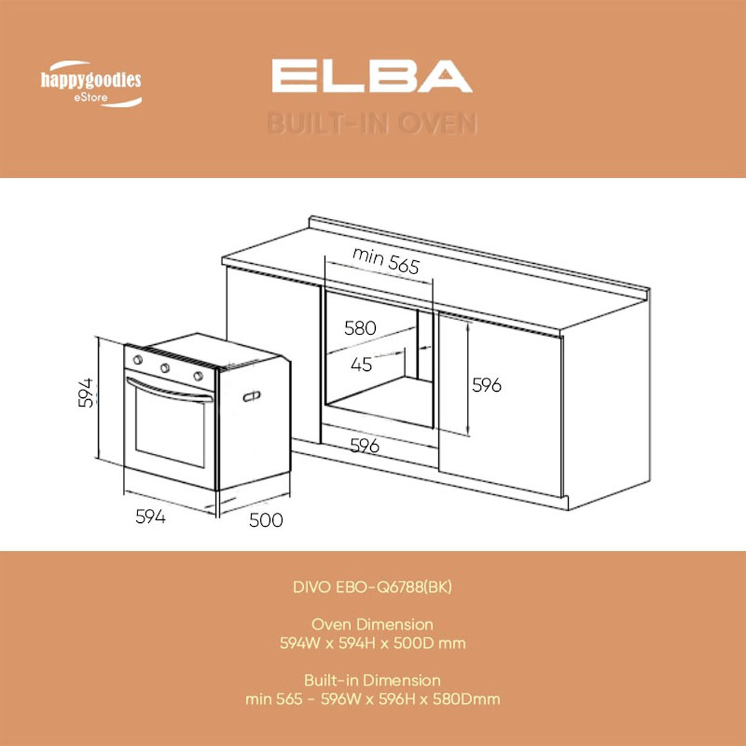 ELBA 75L Built-in Oven EBO-Q6788(BK) | 8 Functions | Temperature Range: 50-250ºC | 4D Heat Circulation Technology | Mechanical Control with Timer | Oven with 1 Year Warranty