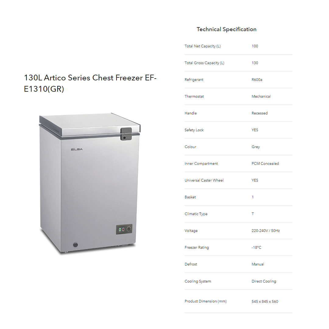 ELBA 130L|190L|260L Chest Freezer EF-E1310(GR)/EF-E1915(GR)/EF-E2620(GR) | R600a | Mechanical Control | Recessed Handle | Safety Lock | Chest Freezer with 1 Year General Warranty & 5 Years Motor Warranty