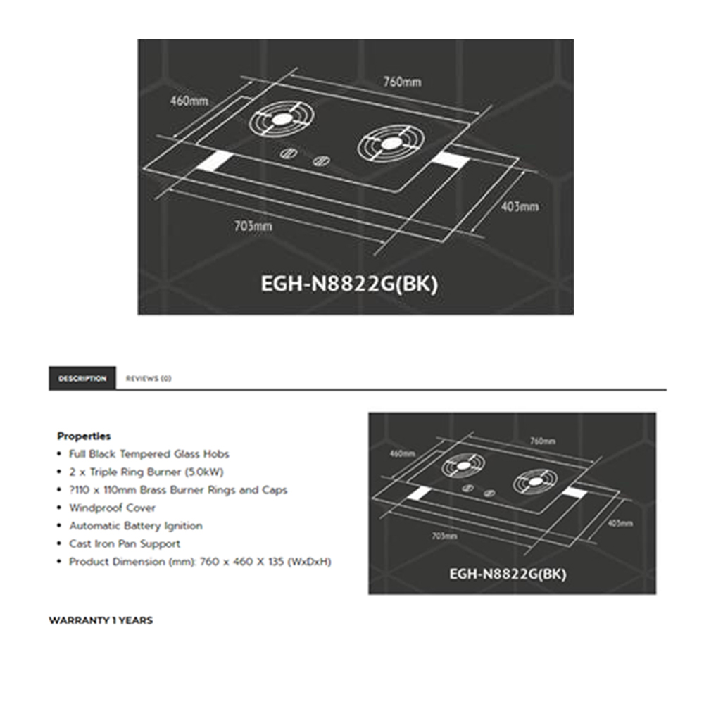 ELBA 2 Burners Glass Stove EGH-N8822G(BK) | High Quality Tempered Glass | Battery Auto Ignition System