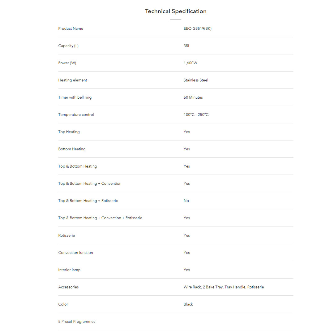 ELBA 35L/45L Oven EEO-G3519(BK)/EEO-G4529(BK) | 6 Heating Selections | Timer with bell ring | Included Wire Rack, 2 Bake Tray, Tray Handle, Rotisserie | Oven with 1 Year Warranty