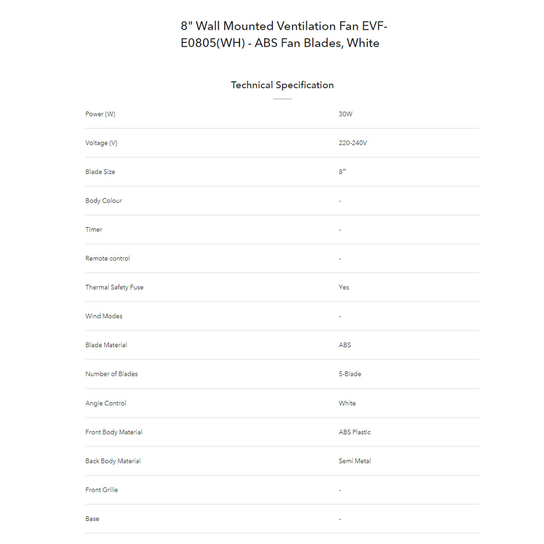 ELBA 8"|10" Ventilation Fan EVF-E0805(WH)/EVF-E1005(WH) | High Efficiency Air Flow | Built-in Thermal Safety Fuse | Quiet Operation | Ventilation Fan with 1 Year Warranty
