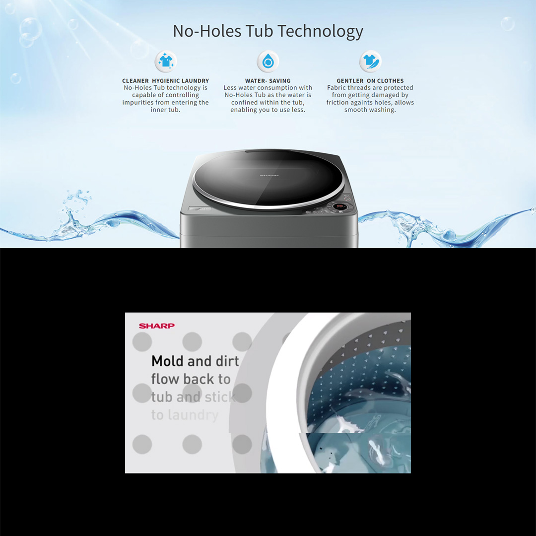 SHARP 8KG Top Load No Hole Washing Machine ESW809H | Auto Restart | LED Digit | Air Dry | Water Saving | AG Pulsator (Antibacterial) | Washing Machine with 2 Year Warranty