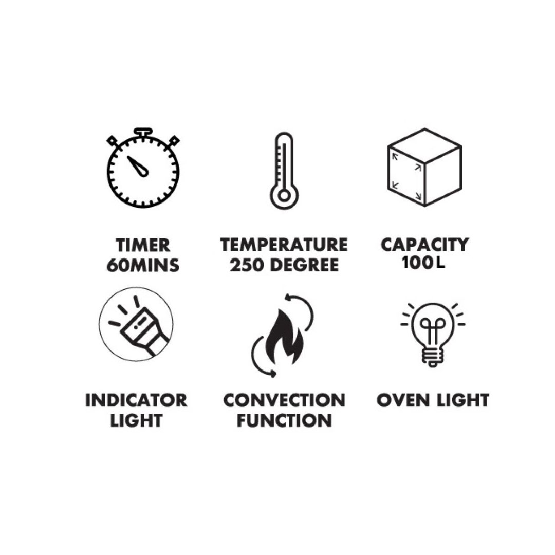 FABER 100L Electric Oven FEO R100 | 2200W | 6 Stages Function Selector Switch | Convection Function | 100 - 250 Degree Temperature Control | 60 minute Timer with Bell Ring | Oven with 1 Year Warranty