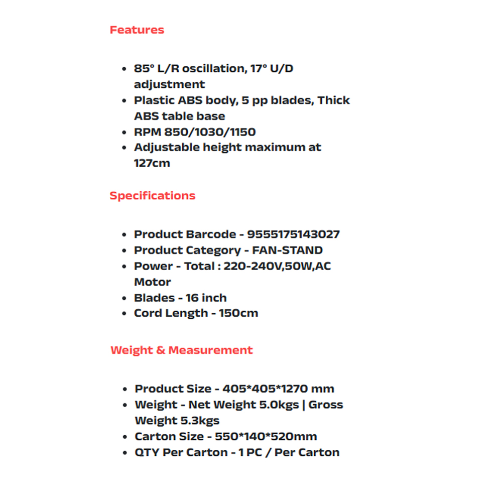 FABER 16" Stand Fan White FSF BLISS 3616WH | Plastic ABS Body | 5 PP Blades | Thick ABS Table Base